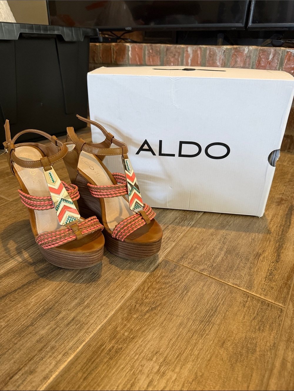 ALDO Women's Tan Platform Wedge Sandals with Coral Braided Straps